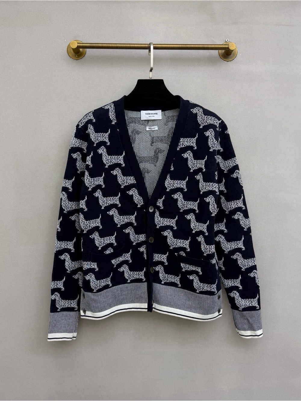 Thom Browne Navy and White Dog Jacquard V-Neck Cardigan